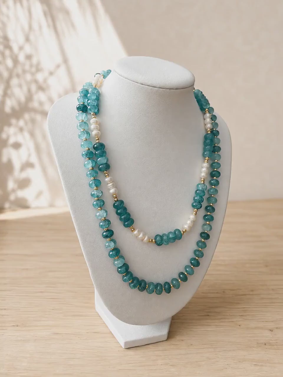 Blue Natural Stone Beaded Necklace, Ocean Inspired with Gold and Freshwater Pearl Option