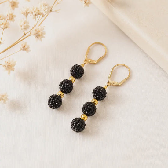 Black Rhinestone Drop Earrings, Gold Spacer Beaded Dangle Earrings, 2 Inch Hypoallergenic Gold Sparkle Jewelry Gift