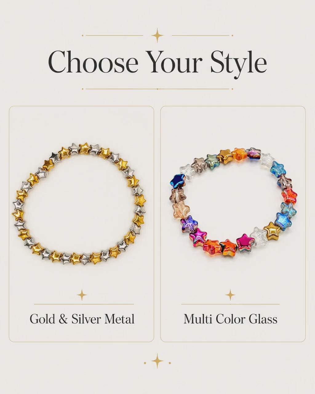 Starry Nights: Trendy Glass & Metal Star Bracelets- Stretch Bracelets- Various Sizes- - Stretchy, No Clasp Design
