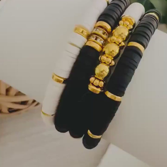 Elegant Black, White & Gold Bracelet Stack: 14k Heishi Bead Clay Set for Women - Handmade Jewelry Gift