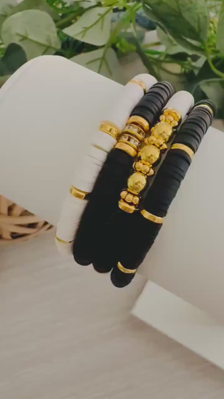 Elegant Black, White & Gold Bracelet Stack: 14k Heishi Bead Clay Set for Women - Handmade Jewelry Gift