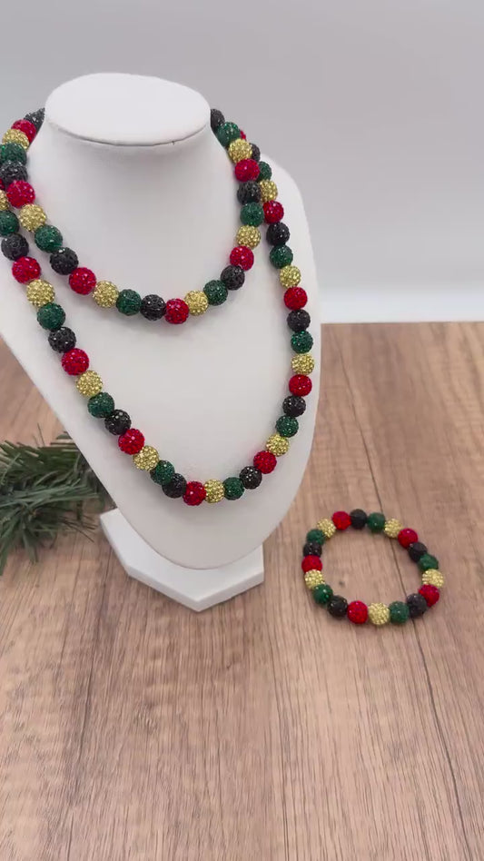 Sparkling Holiday Green/Yellow/Black Beaded Necklace-Bracelet Set