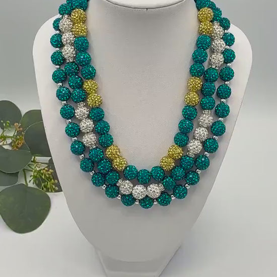 Rhinestone Shamballa Necklace- Teal/Silver/Gold