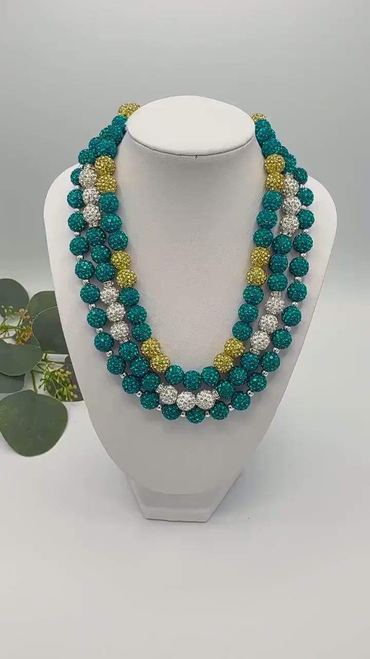 Rhinestone Shamballa Necklace- Teal/Silver/Gold