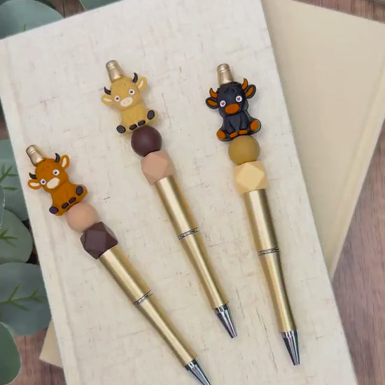 Highland Cow Beaded Pen, Gold Silicone (Black, Cream or Brown Beads)