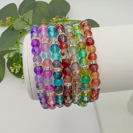Artistic Watercolor Bracelets with Crystal Elegance- Various Colors- 6mm Glass Beads and Silver Spacers - Stretchy, No Clasp Design
