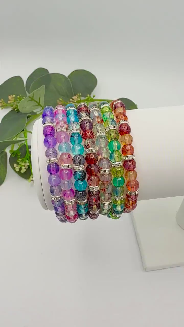Artistic Watercolor Bracelets with Crystal Elegance- Various Colors- 6mm Glass Beads and Silver Spacers - Stretchy, No Clasp Design