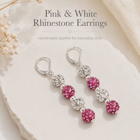 Pink and White Rhinestone Earrings, Sparkly Beaded Dangle Drop, Hypoallergenic Silver Leverback, Coquette Aesthetic Jewelry, Gift for Her