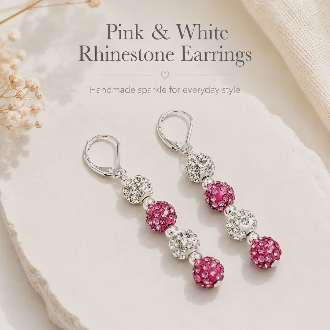Pink and White Rhinestone Earrings, Sparkly Beaded Dangle Drop, Hypoallergenic Silver Leverback, Coquette Aesthetic Jewelry, Gift for Her
