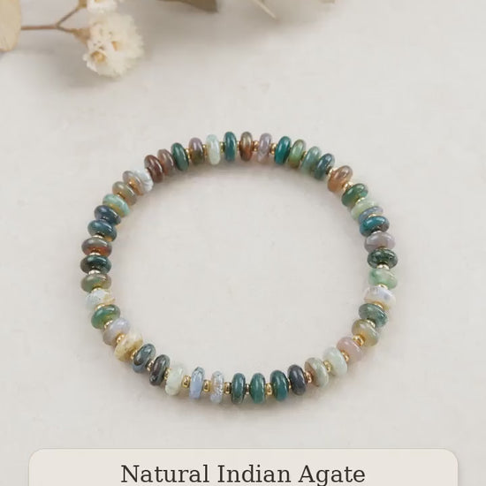 Indian Agate Abacus Beaded Bracelet, Natural Stone Stretch Bracelet, Green Gemstone Stack Bracelet, Gold Glass Spacer Jewelry