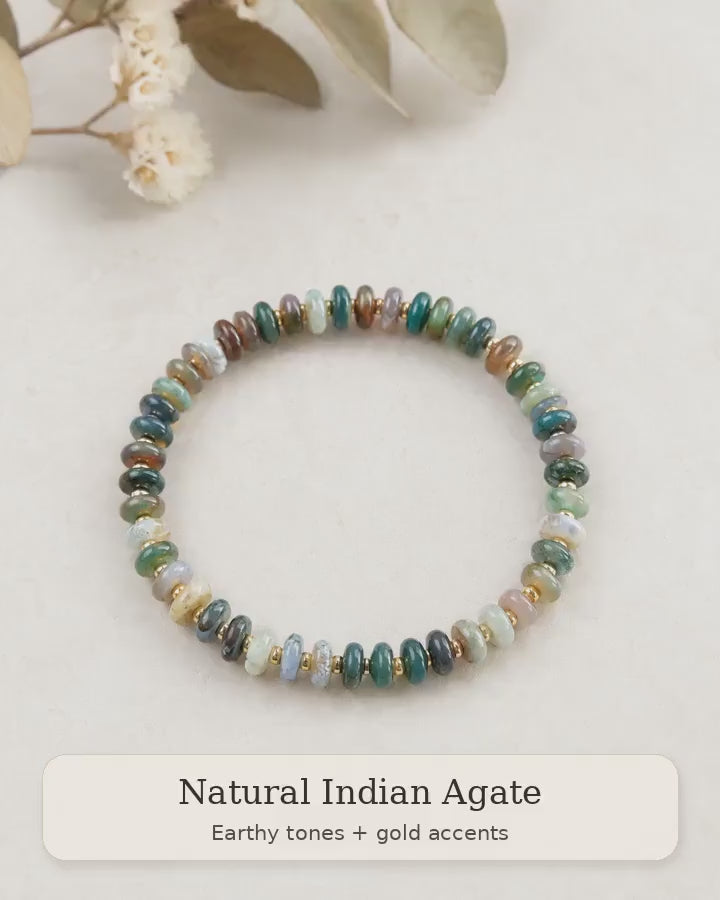 Indian Agate Abacus Beaded Bracelet, Natural Stone Stretch Bracelet, Green Gemstone Stack Bracelet, Gold Glass Spacer Jewelry
