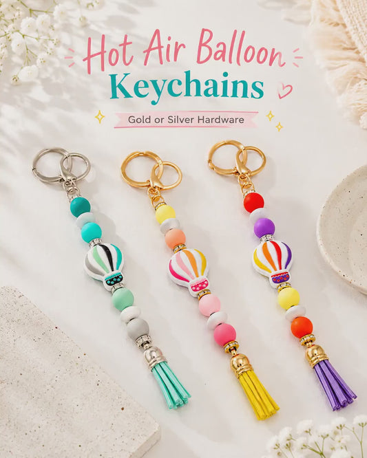 Hot Air Balloon Beaded Keychain, Tassel Purse Charm, Handmade Bag Charm, Gold or Silver Hardware, Backpack Accessory