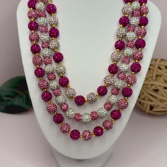 Pink Rhinestone Necklace, Heart Bead Shamballa Necklace, Stretchy No Clasp Jewelry, Sparkly Gift for Her