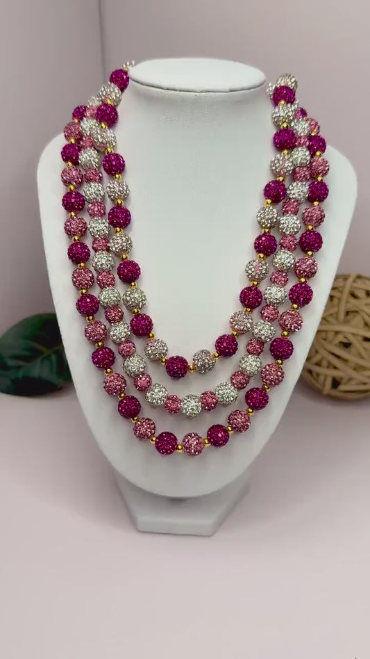 Pink Rhinestone Necklace, Heart Bead Shamballa Necklace, Stretchy No Clasp Jewelry, Sparkly Gift for Her