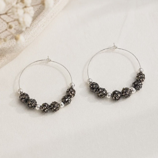 Gunmetal Black Rhinestone Hoop Earrings, 35mm Gray Beaded Hoops, Hypoallergenic Silver Handmade Earrings Gift