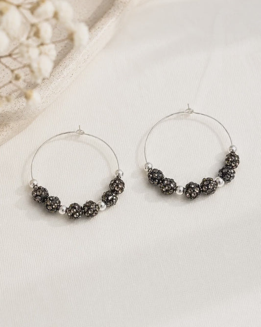 Gunmetal Black Rhinestone Hoop Earrings, 35mm Gray Beaded Hoops, Hypoallergenic Silver Handmade Earrings Gift
