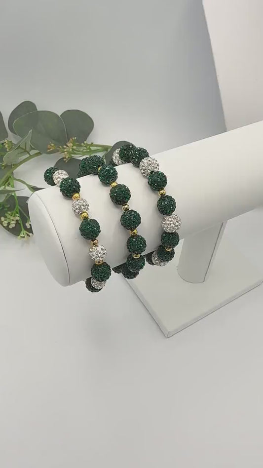 Dark Green & Gold Shamballa Beaded Bracelets- Rhinestone Handmade Jewelry - Stretchy, No Clasp Design