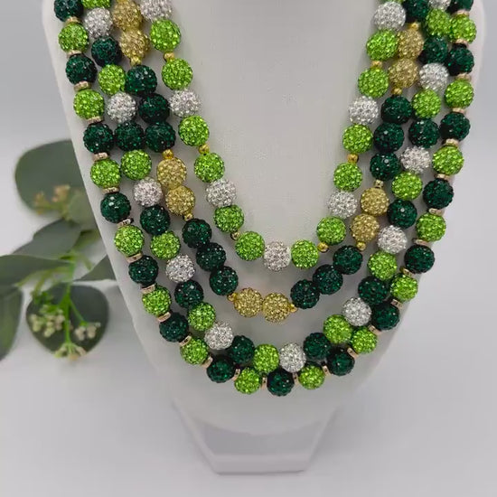 Stretchy no Clasp Design! Dazzling Green & Gold Rhinestone Shamballa Necklaces - Various Styles and Sizes