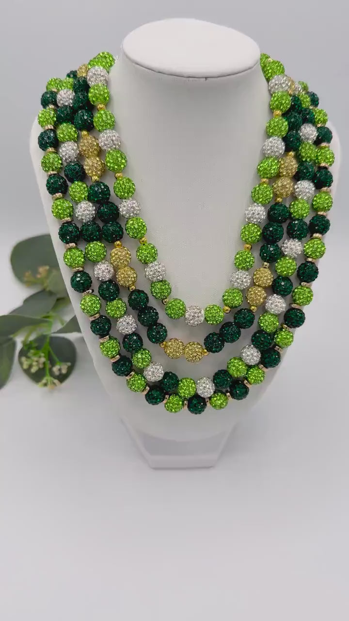 Stretchy no Clasp Design! Dazzling Green & Gold Rhinestone Shamballa Necklaces - Various Styles and Sizes