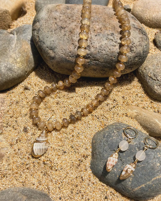 Morganite Shell Earrings with 14K Gold Hoops, Coastal Beach Jewelry