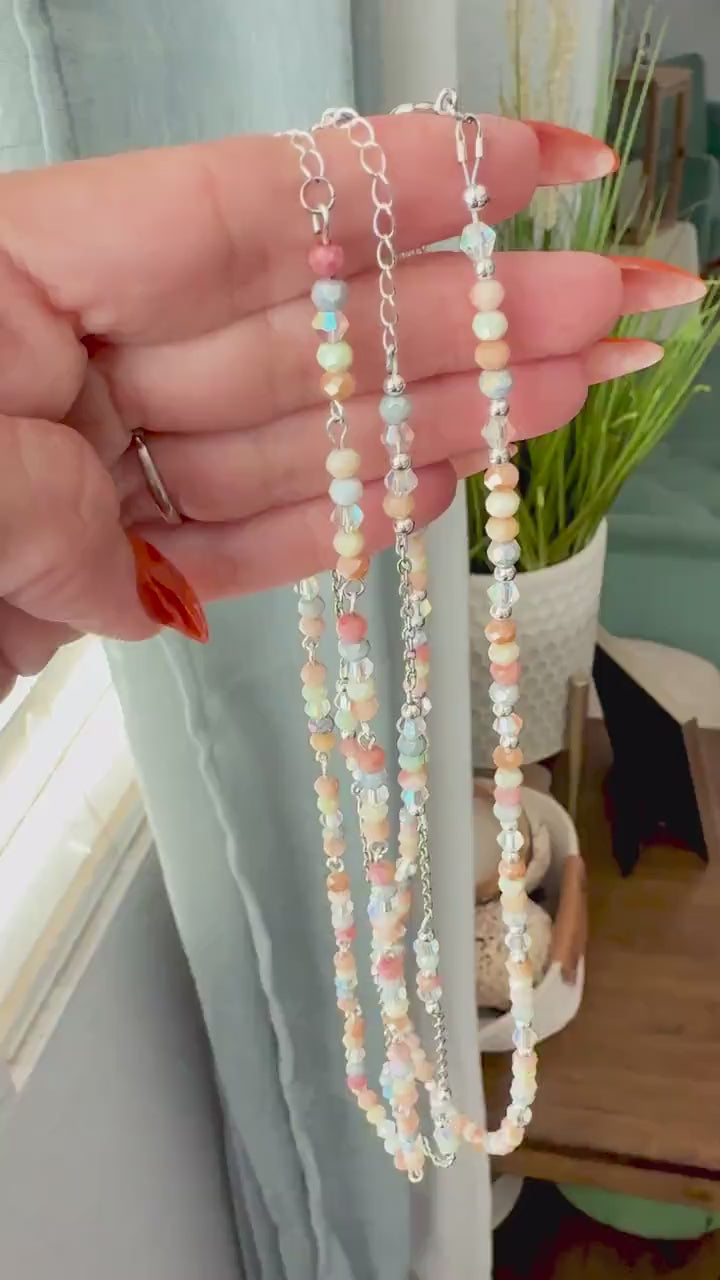Pastel Crystal Glass Bead Necklace, 4mm Faceted Rondelle Beaded Necklace, 925 Sterling Silver Clasp, Dainty Earthy Jewelry Gift