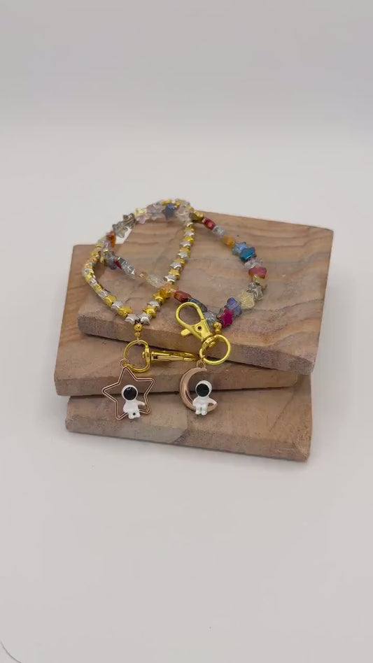 Spaceman Phone Charm Strap: Glass Star Beads Wristlet