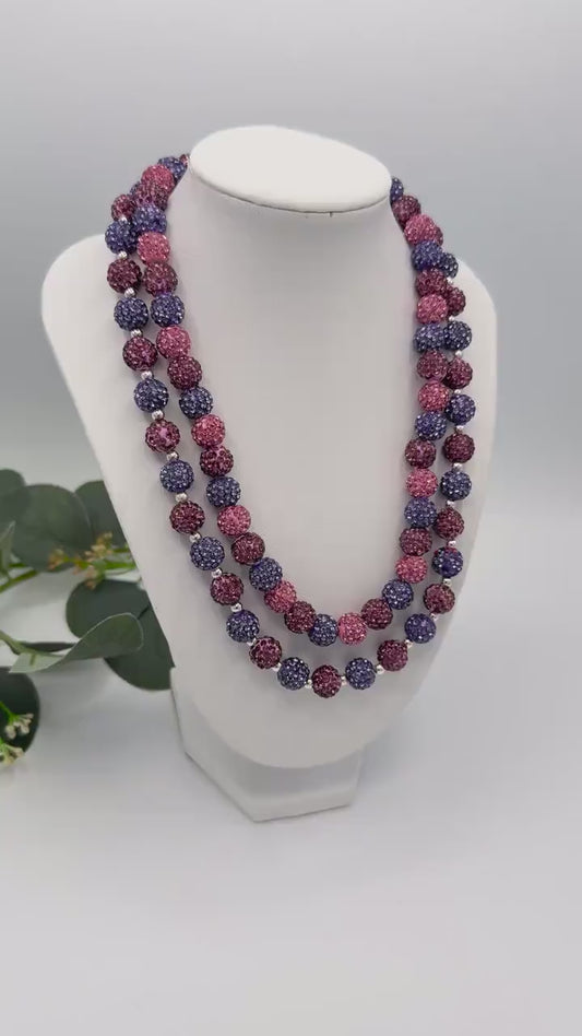 Stretchy no Clasp Design! Purple Champagne Rose Rhinestone Beaded Necklaces: Silver & Gold Accents