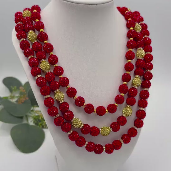 Red and Gold Shamballa Beaded Necklace, Stretchy No Clasp Rhinestone Necklace, Sparkly Handmade Gift Jewelry