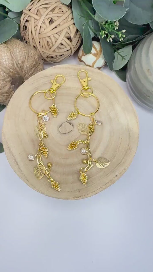 Charming Gold Keychain with Pine Cone & Leaf Charms