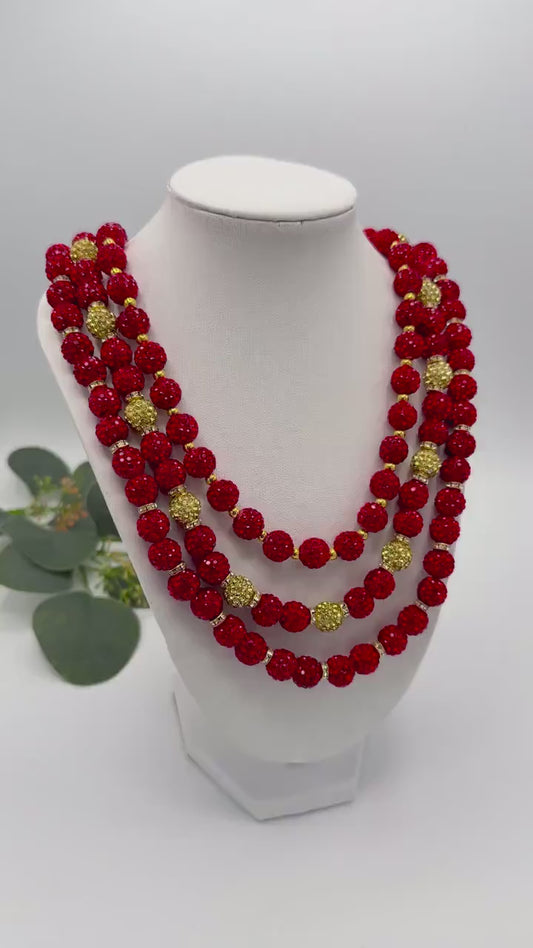 Red and Gold Shamballa Beaded Necklace, Stretchy No Clasp Rhinestone Necklace, Sparkly Handmade Gift Jewelry