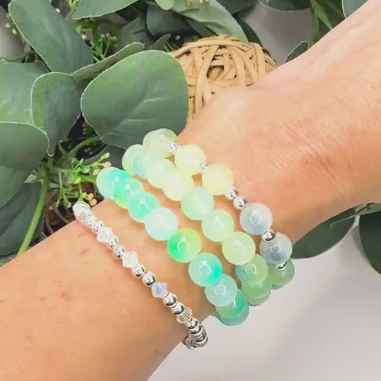 Seafoam Glass Bead Bracelet Stack - Four Colorful Handmade Bands - Stretchy, No Clasp Design