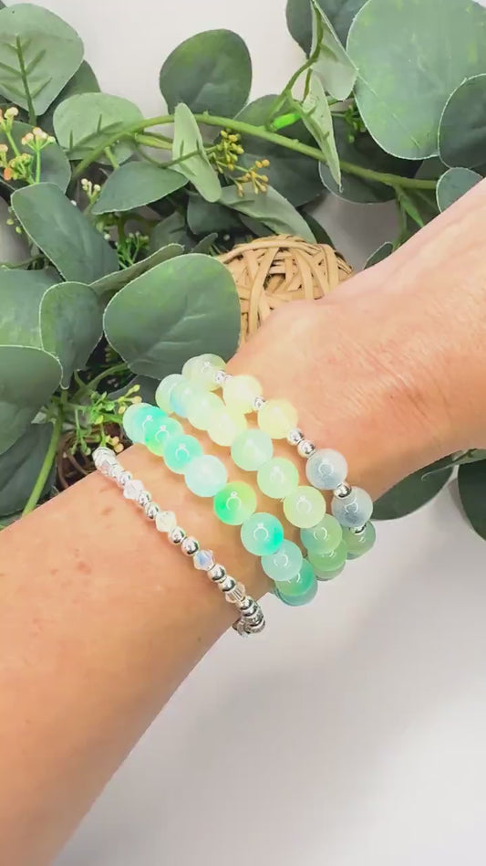 Seafoam Glass Bead Bracelet Stack - Four Colorful Handmade Bands - Stretchy, No Clasp Design