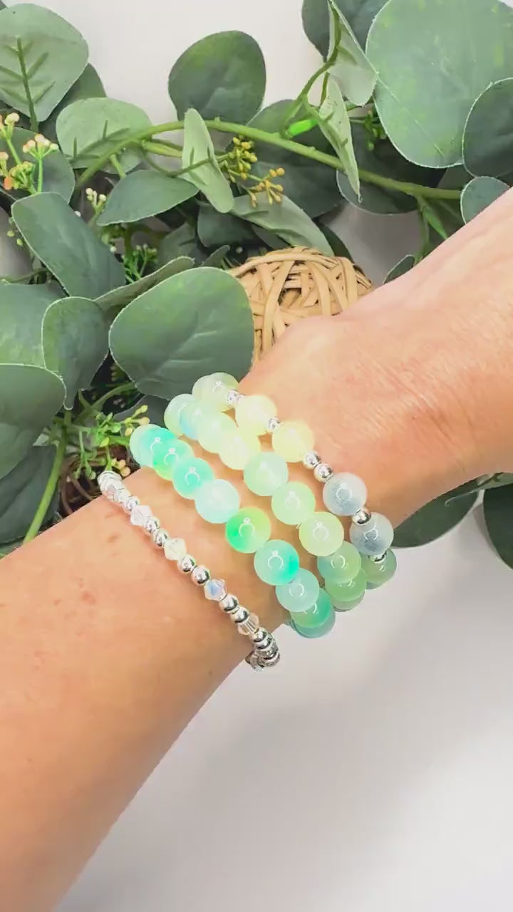 Seafoam Glass Bead Bracelet Stack - Four Colorful Handmade Bands - Stretchy, No Clasp Design