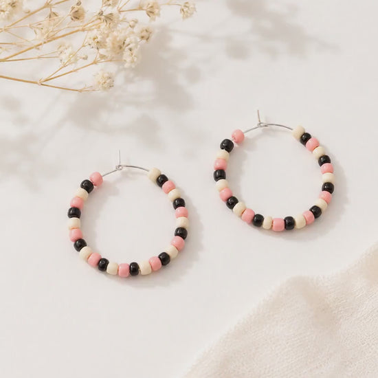 Black Pink Cream Seed Bead Hoop Earrings, 35mm Hypoallergenic Silver Hoops, Handmade Beaded Earrings Gift