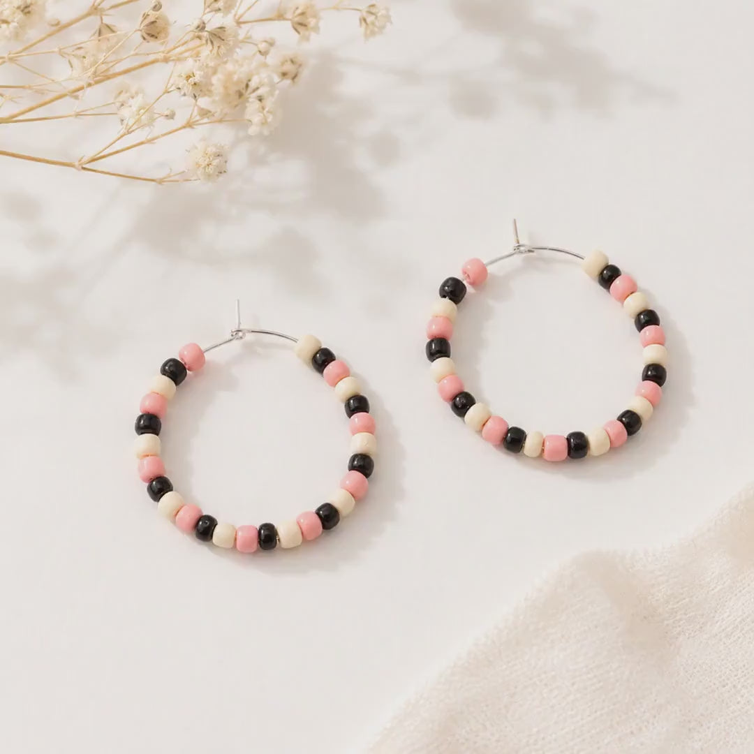 Black Pink Cream Seed Bead Hoop Earrings, 35mm Hypoallergenic Silver Hoops, Handmade Beaded Earrings Gift